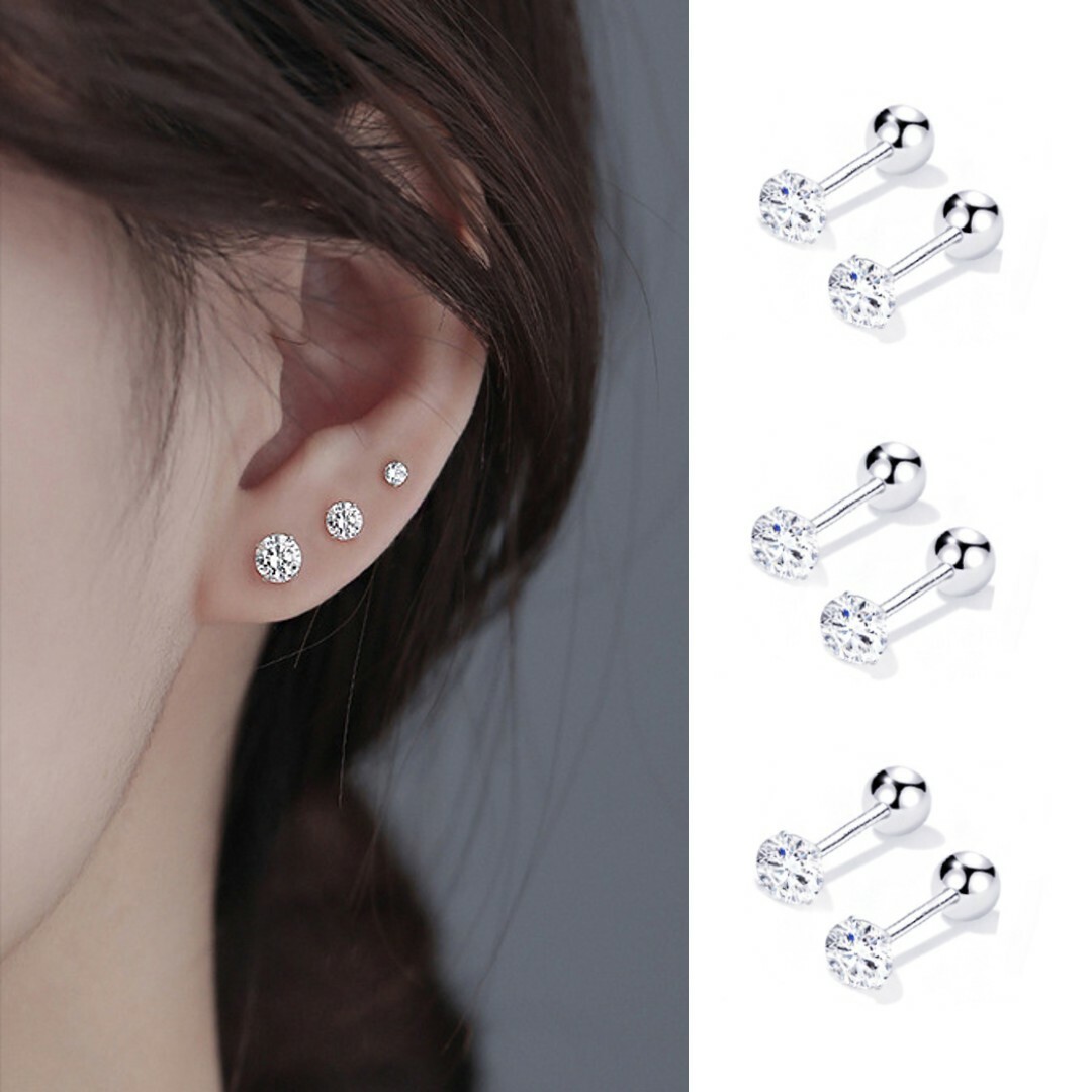 Womens Silver Gold Black Red CZ Stone Stud Earrings Screw Back Surgical Steel