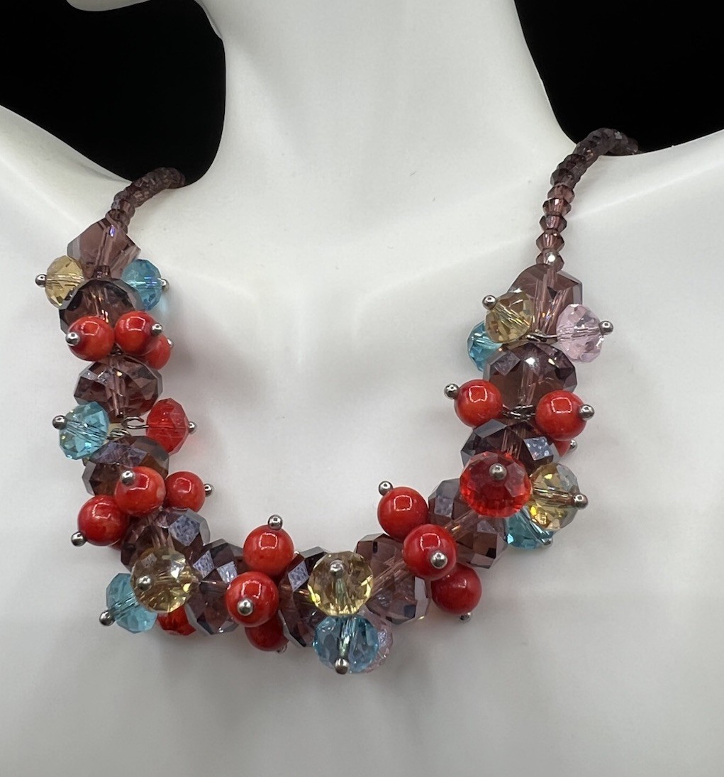 Faceted Glass Bead Cluster Necklace, 17”, 2” Extender