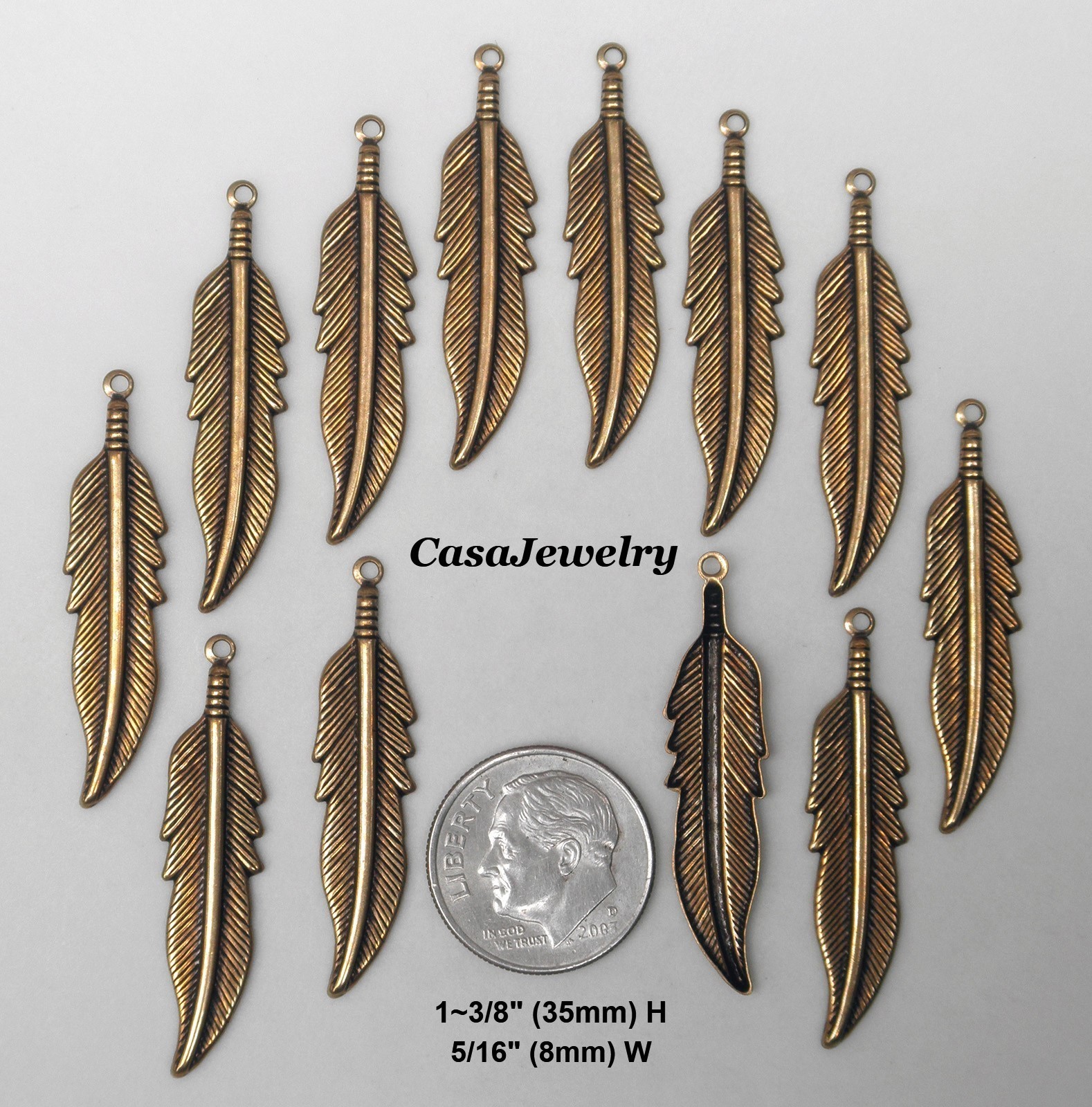 #1146 MEDIUM ANTIQUED GOLD FEATHER DROP W/TOP HANG RING – 12 Pc Lot