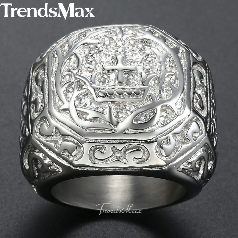 Mens Boys 8-13 Cross Crown Silver 316L Stainless Steel Ring Knight Signet Gift