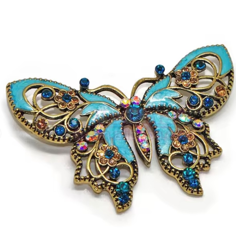 Aqua Blue Butterfly Rhinestone Brooch Box included