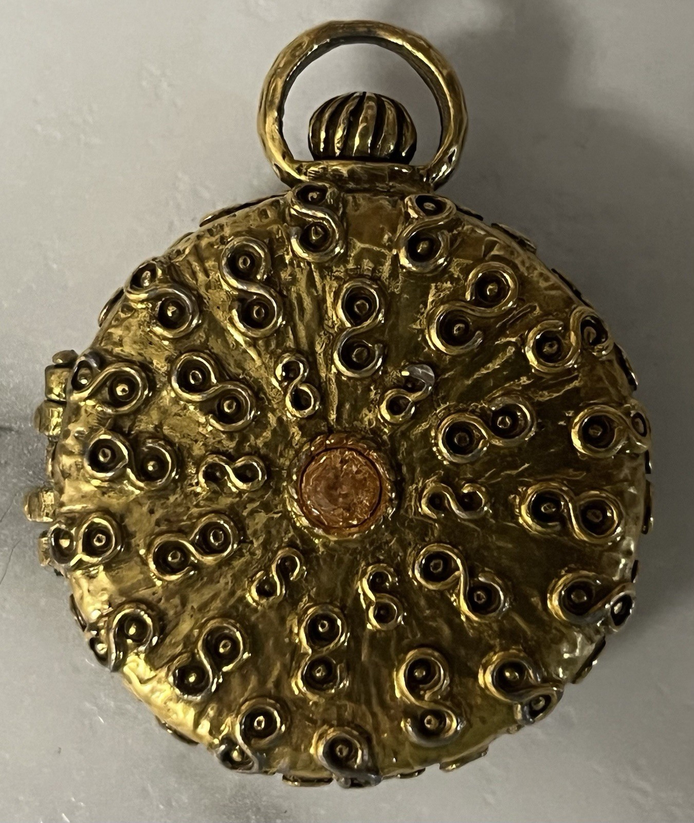 Vtg GOLDETTE NY PERFUME LOCKET Pendant Garnet Turquoise Glass Pocket Watch Style