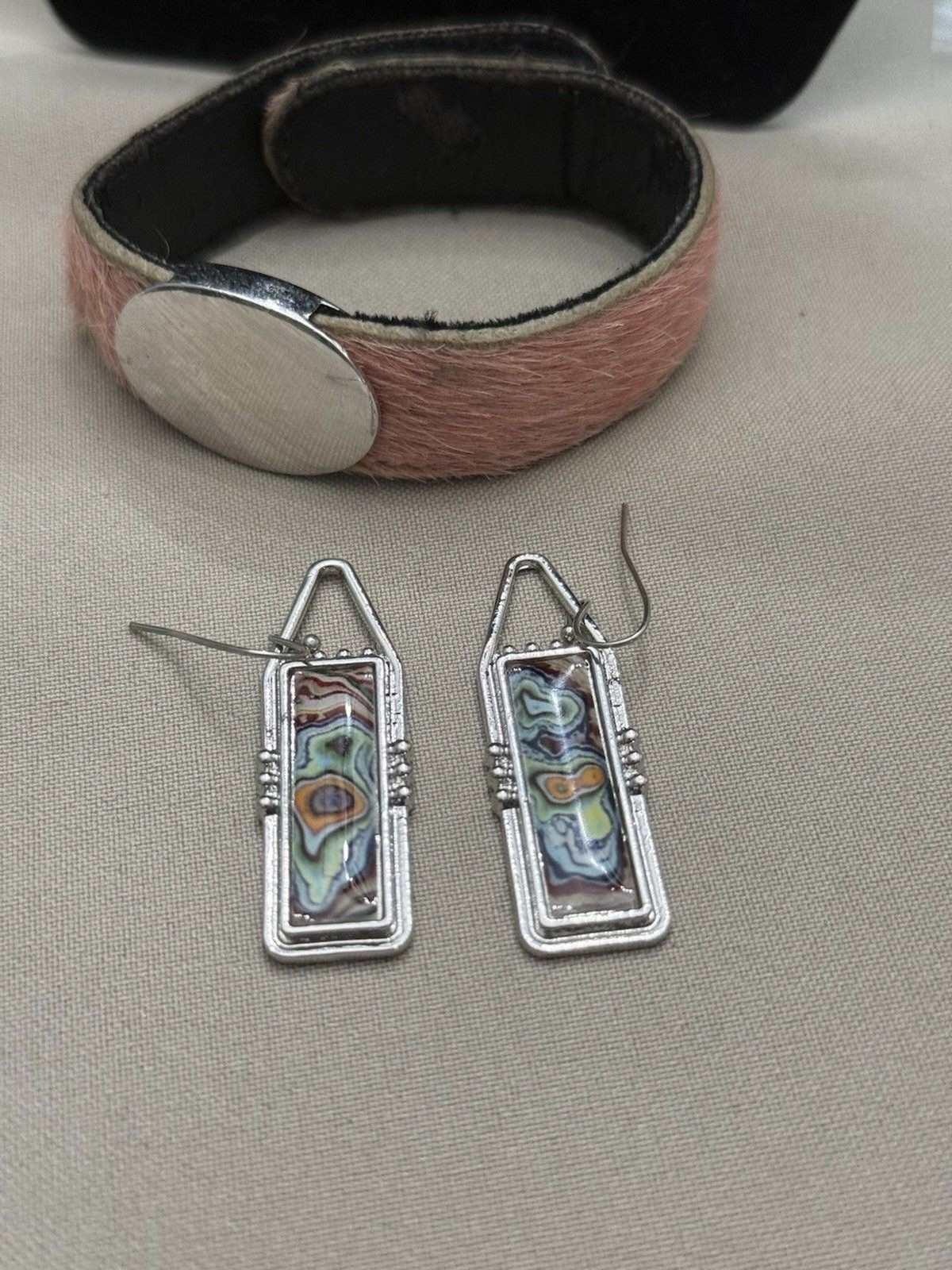 Resin/Stainless Steel Mosic Drop Earring & Pink Cow Hair W/.925 Silver Medallion