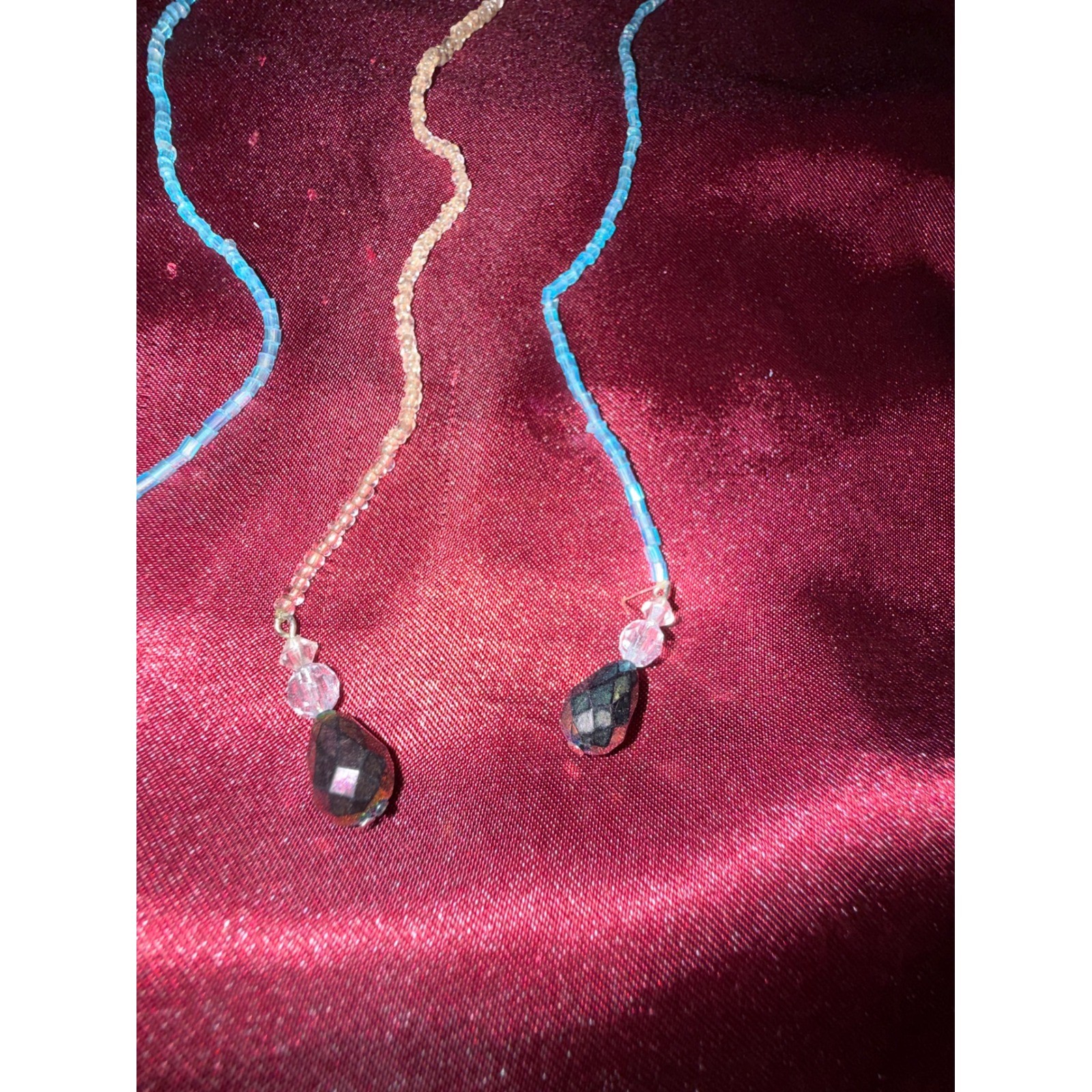 Handmade Beaded Lariat Necklace Blue Black Gold Iridescent Crystal Teardrop Boho