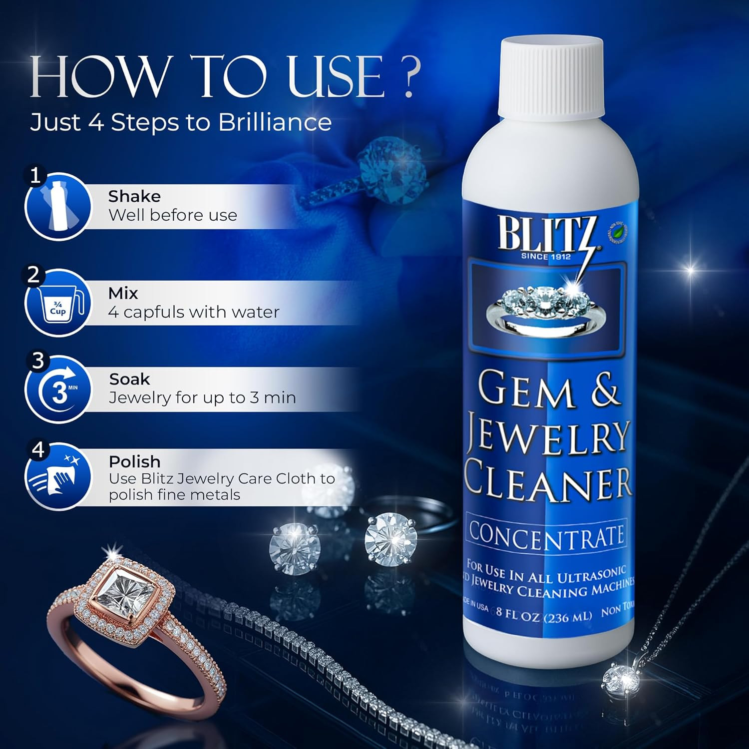 Blitz Gem & Jewelry Cleaner Concentrate Refill for Ultrasonic Machines 8 Oz | Li