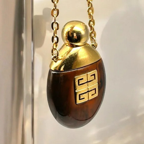 Vintage Givenchy 1977 Perfume Pendant Monogram Logo Tortoise Shell Stone 28″