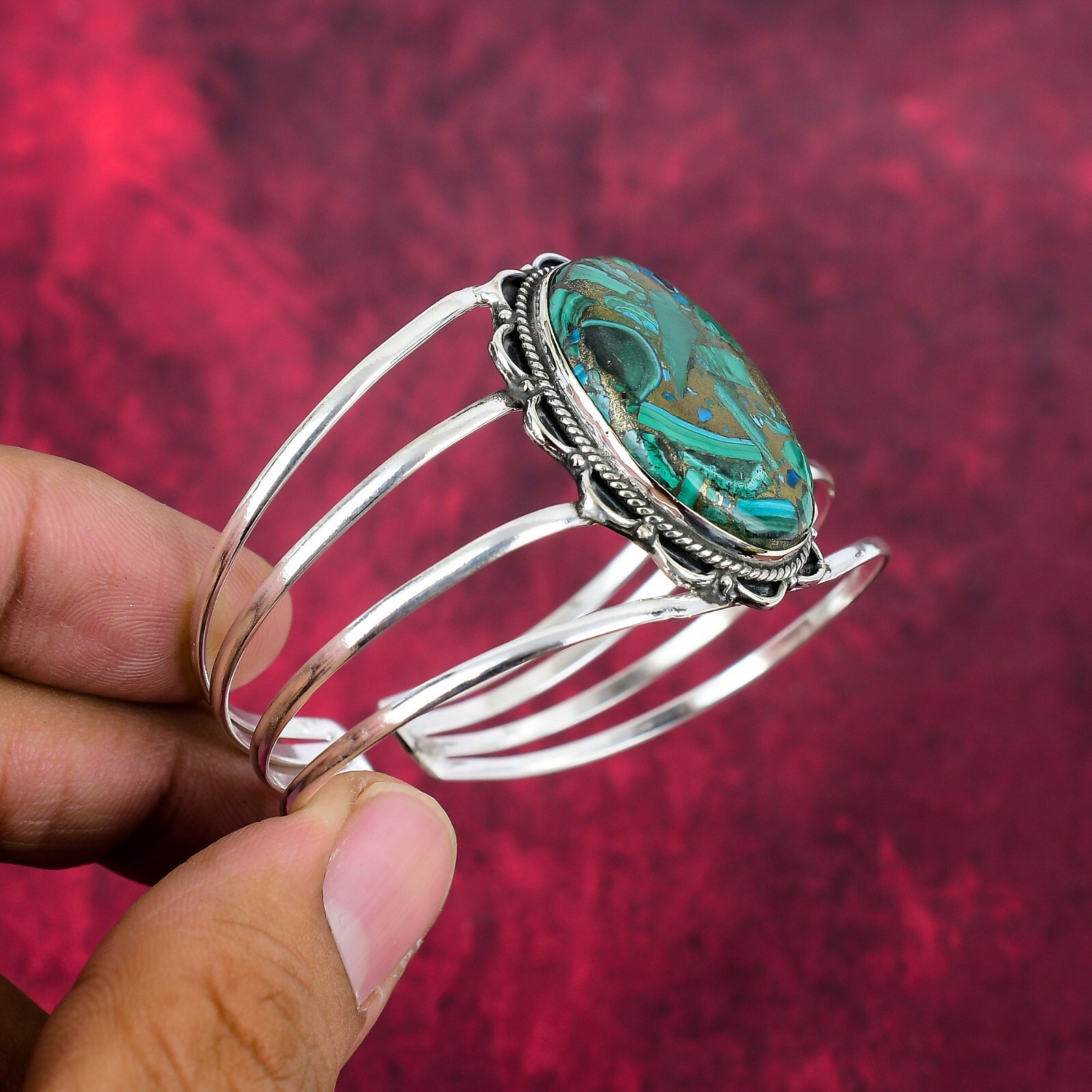 Copper Malachite Gemstone Handmade Jewelry 925 Solid Silver Adjustable Bangle