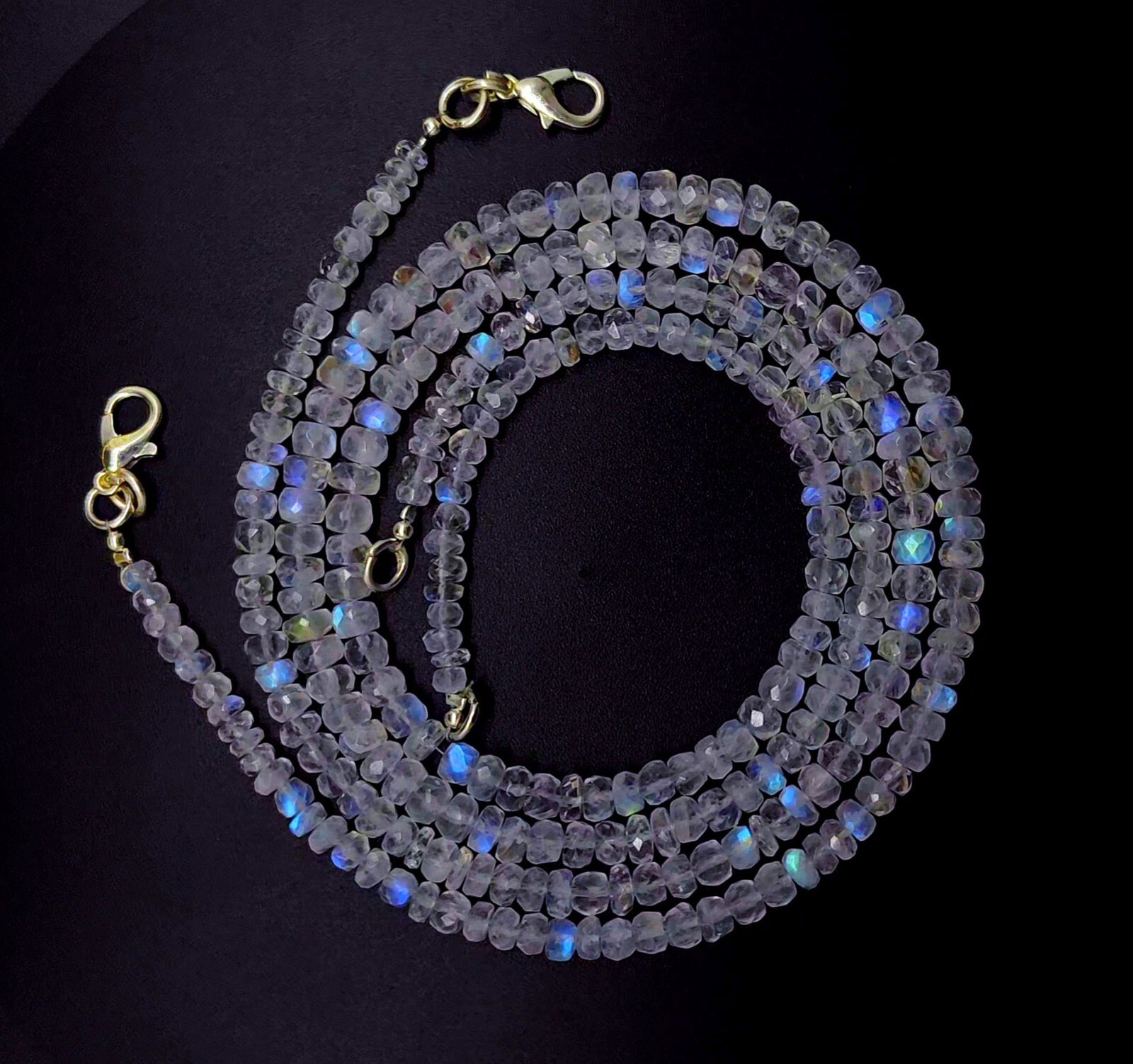 Natural Gem Blue Fire Rainbow Moonstone 4-5mm Faceted Rondelle Bead Necklace 16″