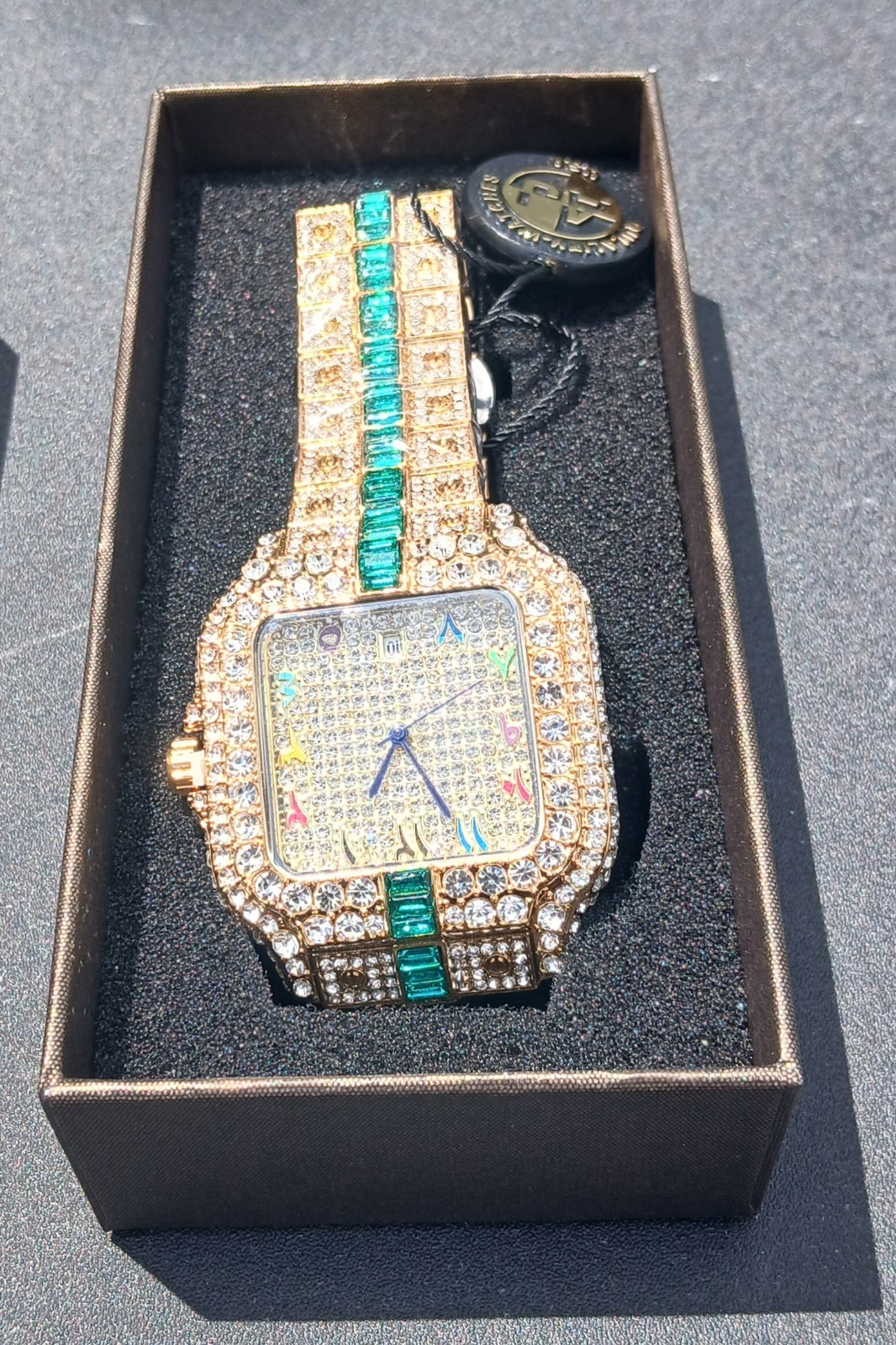 AJ ACCESSORIES 43MM ICED OUT GOLD WATCH WITH GREEN VVSCZ CRYSTALS ARABIC NUMBERS
