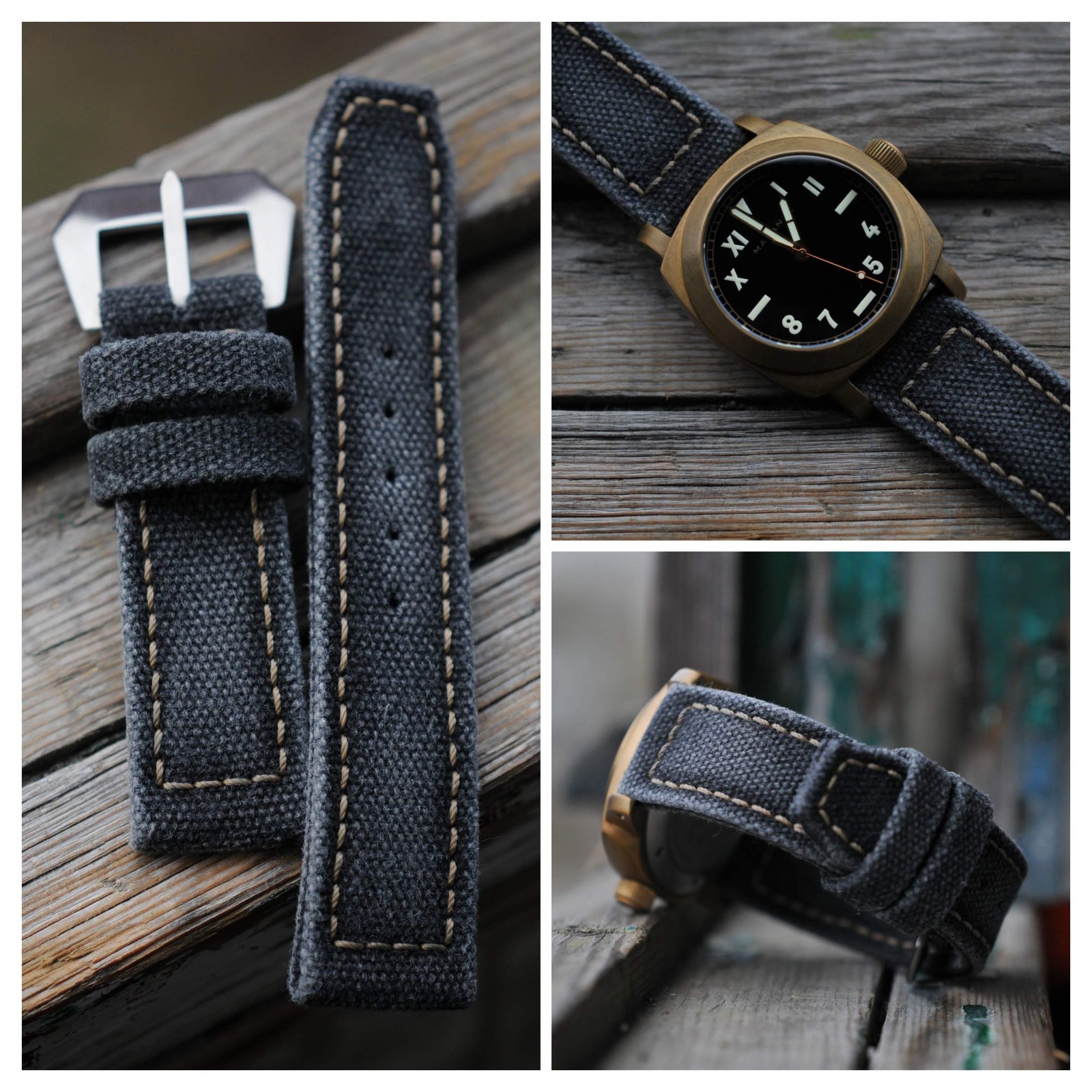 24/22 Distressed Black handmade rolled canvas watch strap Ready-Made US-DutyPaid