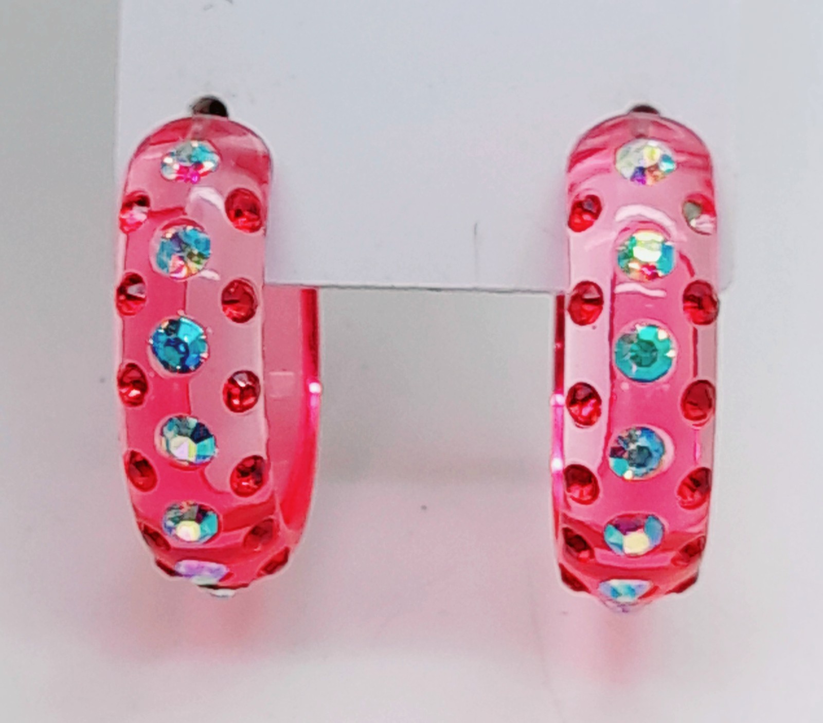 E173 NEW 1″ CLEAR PINK ACRYLIC HOOPS PINK & AB RHINESTONES FASHION EARRINGS