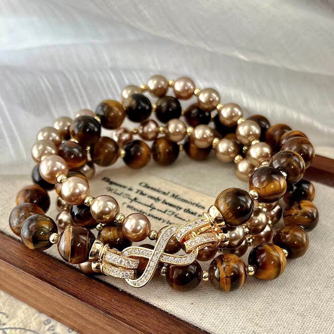 Meirade Style 8+10mm/0.32+0.39in Tiger’s Eye Double-Layer Pearl Necklace