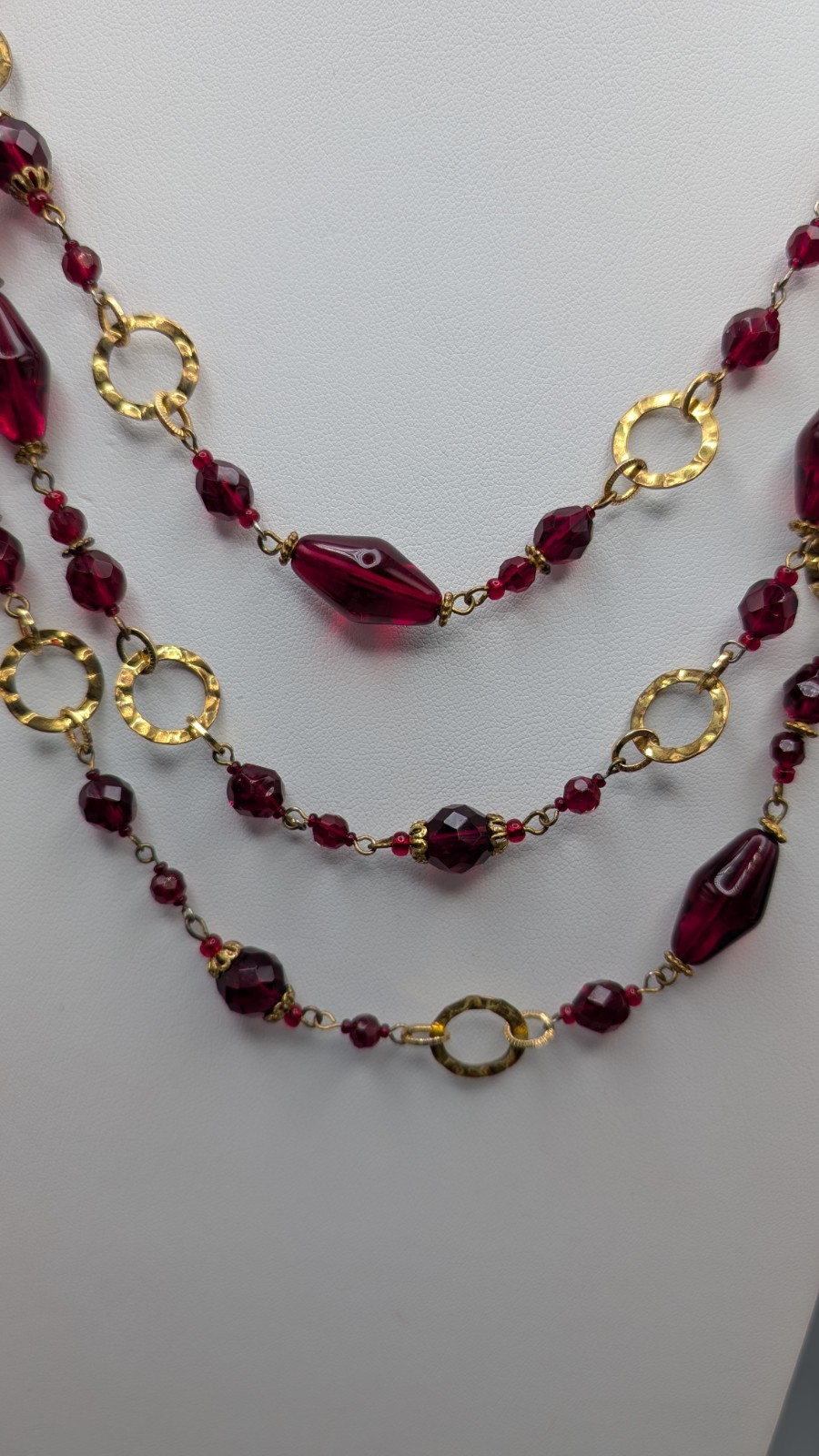 Vtg 72″ Deep Ruby Red Glass Bead Endless Sautoir Necklace Gold Tone 93g Czech?