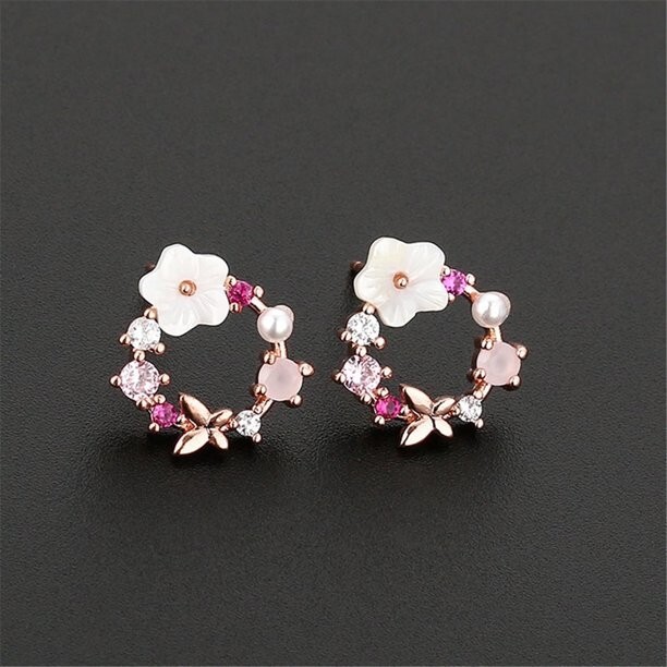 Circle Flower Pearl Stud Earrings 925 Sterling Earring Minimalist Women Jewelry