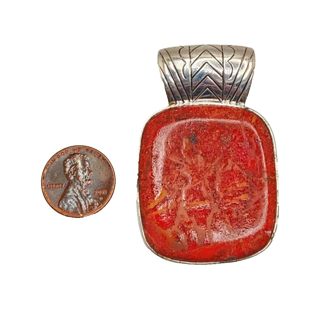 Sterling Silver BBJ Reconstituted Red Coral Large Rectangular Cabochon Pendant