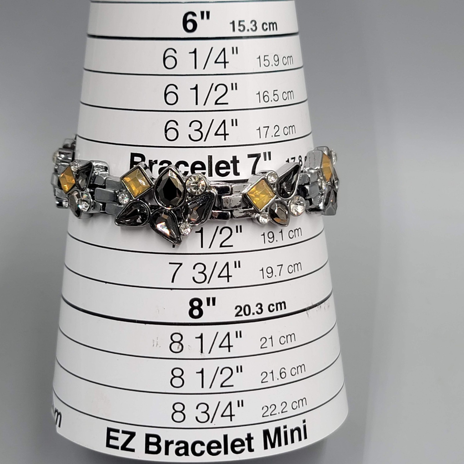 Black Yellow Rhinestone Bracelet Gun Metal Gray Metal Elastic 7″