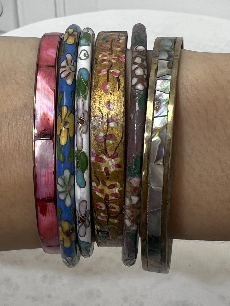 Vintage cloisonné bangles with extra matching shell/ metal bangles.