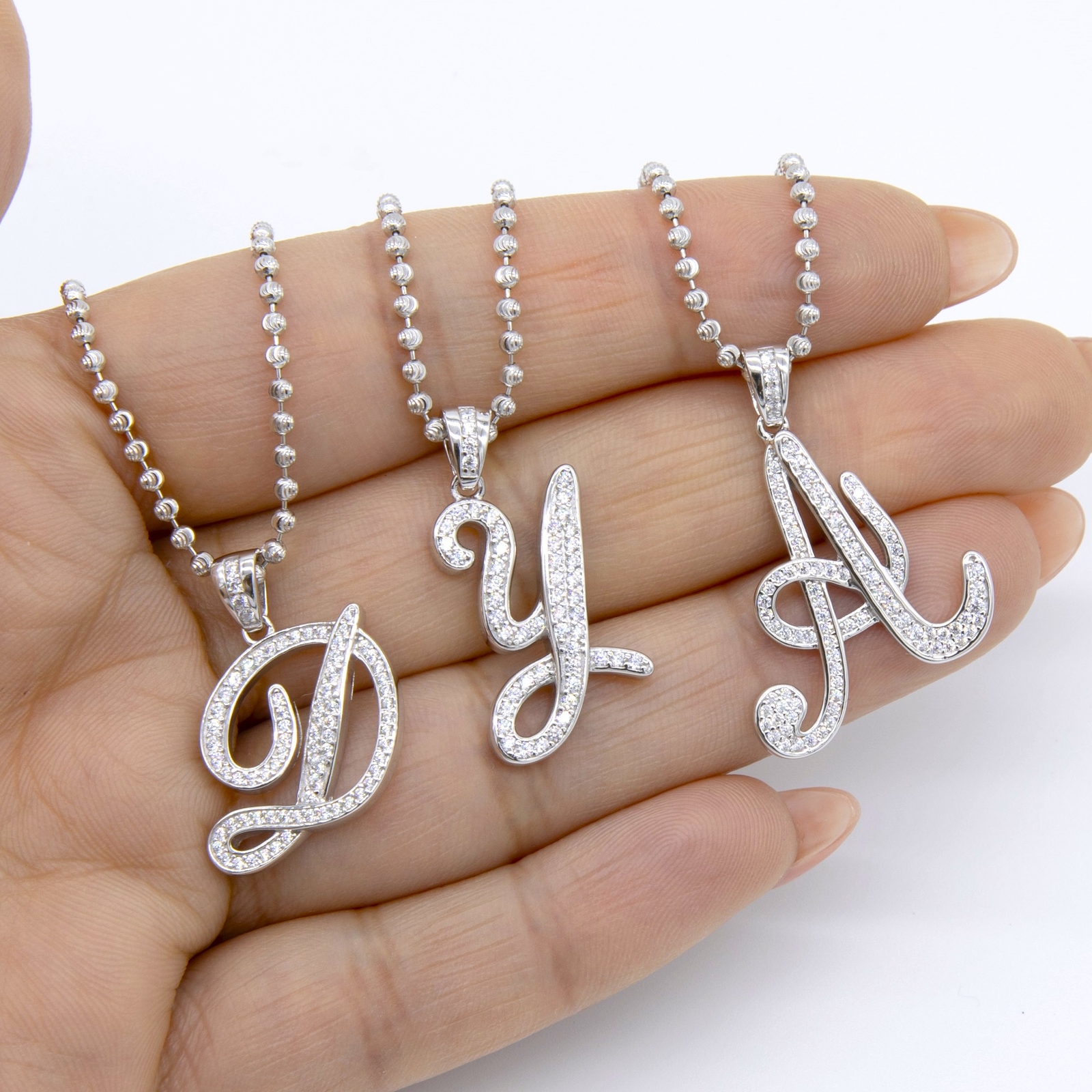 1″ CZ Cursive Initial Moon-Cut Bead Ball Chain Necklace Sterling Silver 925