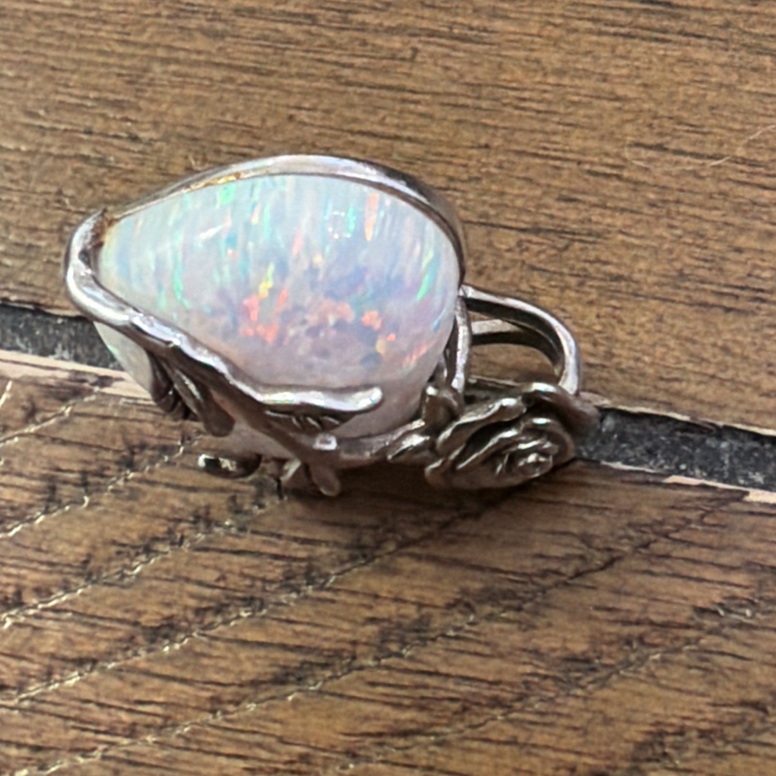 Sterling Silver 925 Heart And Rose Pendant Iridescent Opal 5.67g