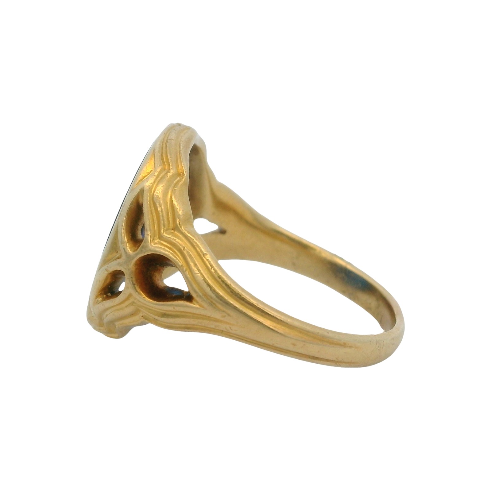 Vintage 1980s 14kt Yellow Gold Etruscan Style Ring with Blue Lab Spinel Size 10