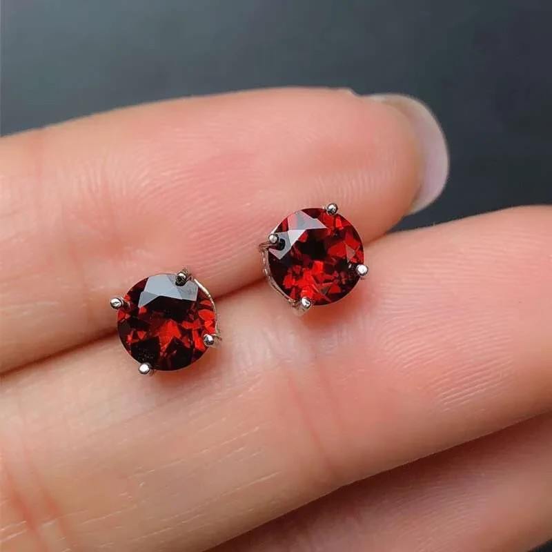 Round Garnet Stud Earrings 6mm 925 Sterling Silver with Platinum Plating