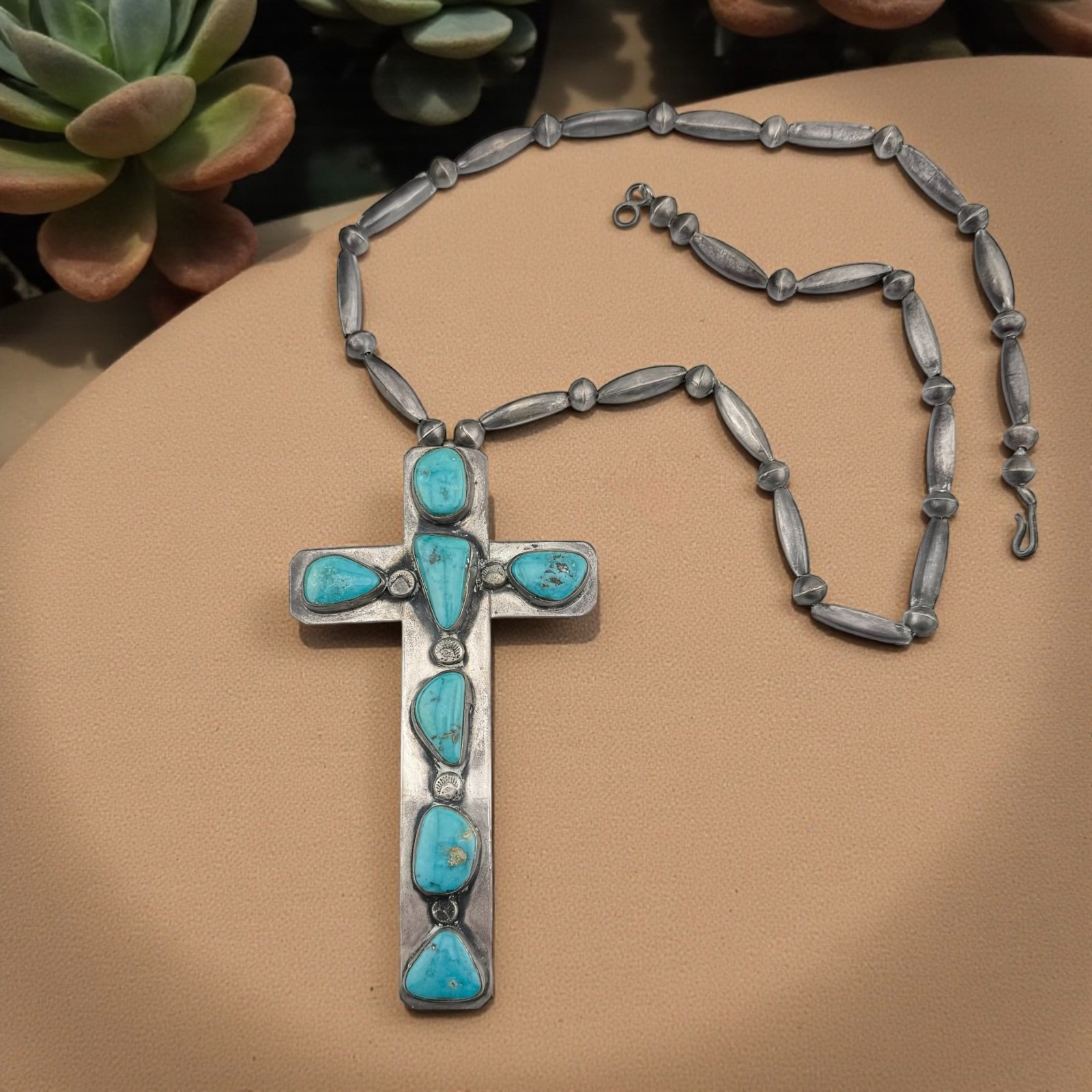 Large Vintage Southwestern Sterling Silver & Turquoise Cross Necklace 77.8g