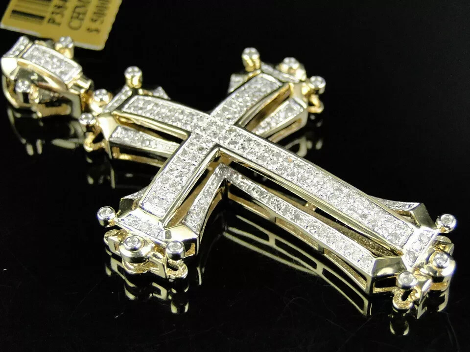 Pave Set Round Cut Diamond Cross Pendant in 14K Yellow Gold FN 0.92 Ct