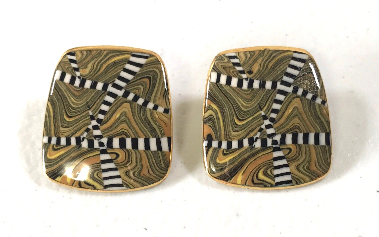 Vintage Gold Black White Stripes Rounded Rectangular Pierced Earrings Estate