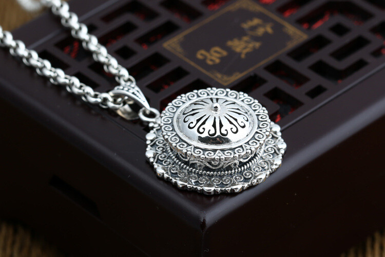 S925 Silver ORNATE LOCKET Pill Box Pattern Hollow Pendant Vintage Sun Mandala