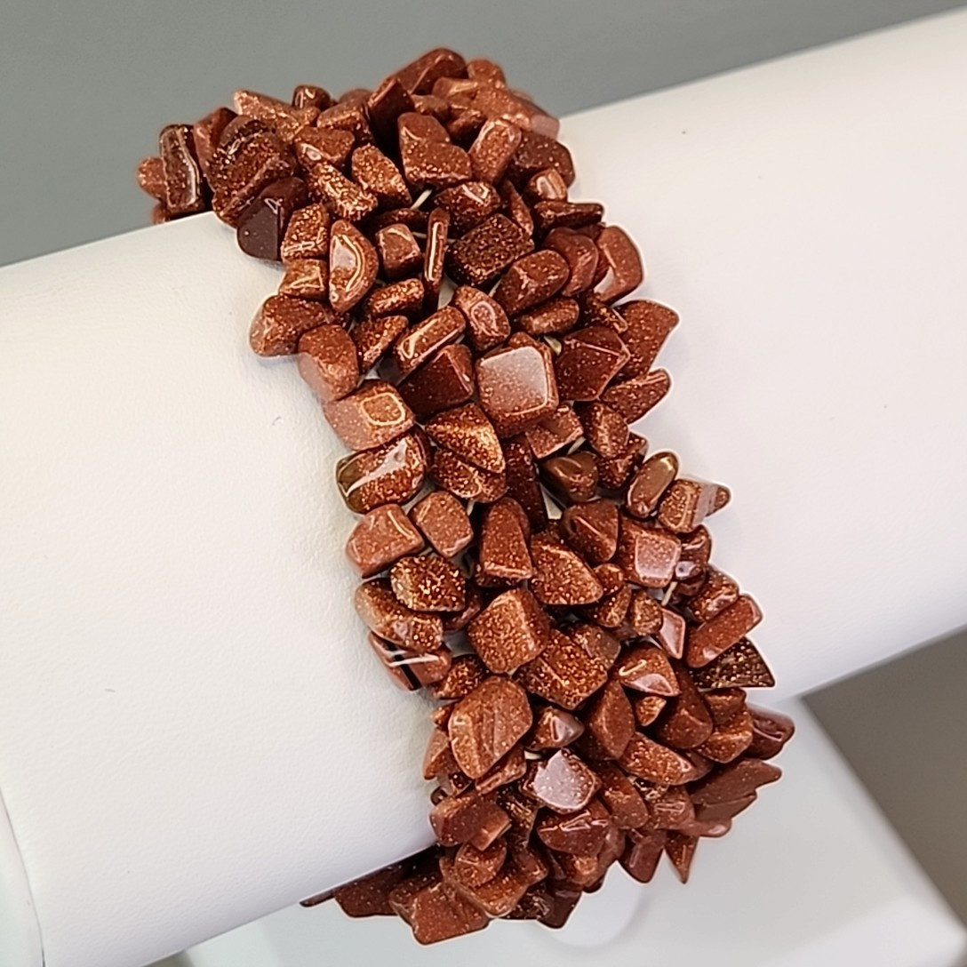 Vintage Goldstone Bracelet Chip Beaded Stretch 3cm Wide