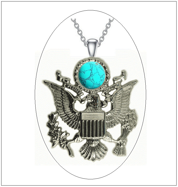 AMERICAN EAGLE w/ TURQUOISE Necklace – 2″ Coat of Arms Silver Steel – Blue Gem