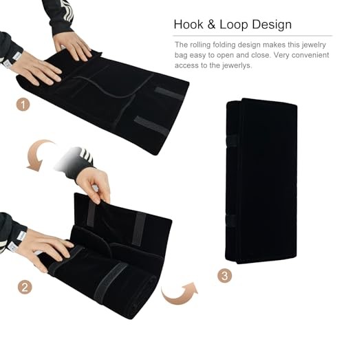 Velvet Travel Jewelry Case Roll Bag Organizer for Necklace Bracelet Black