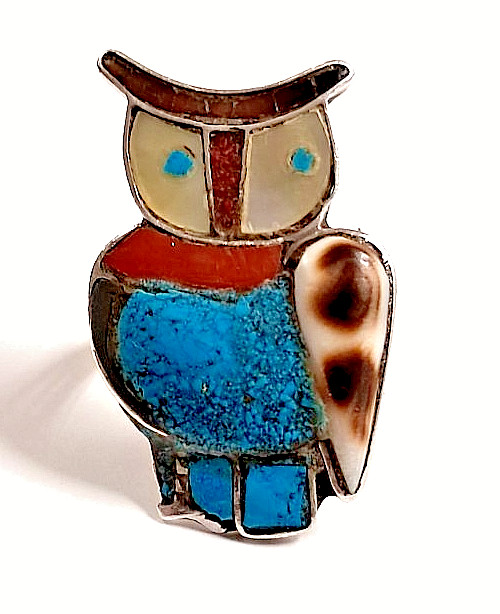 NATIVE AMERICAN ZUNI STERLING OWL RING TURQUOISE, MOP, CORAL (sz 6.5) 7.83gr