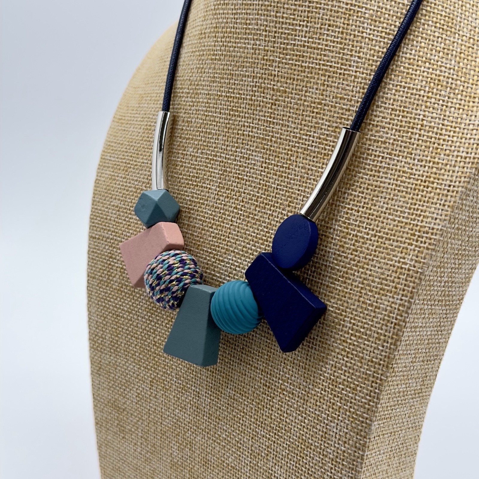 Geometric Beaded Necklace With Navy Teal & Dusty Rose Beads