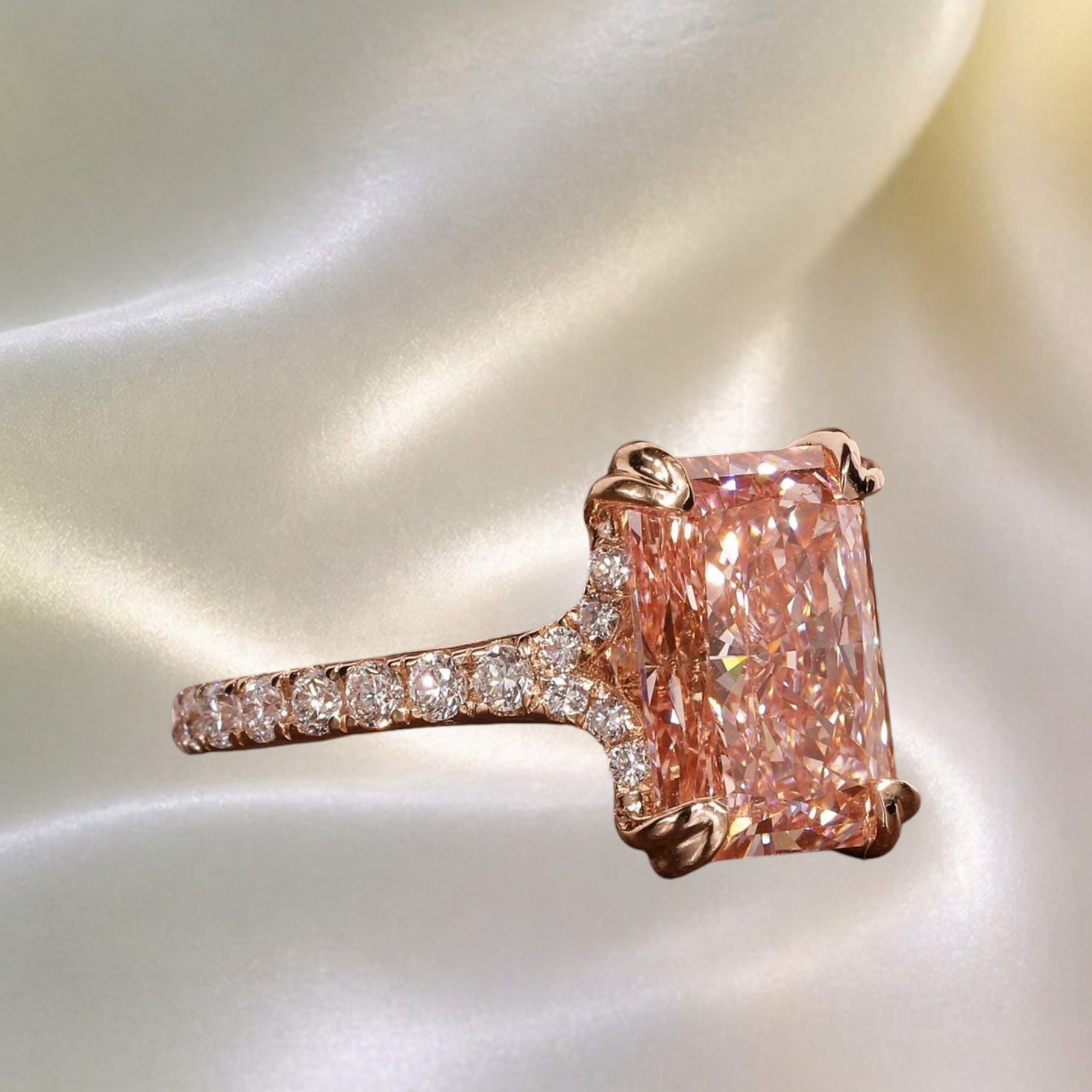 Radiant Cut 3.40 Ct IGI Lab Created Diamond Ring 14k Rose Gold Fancy Vivid Pink