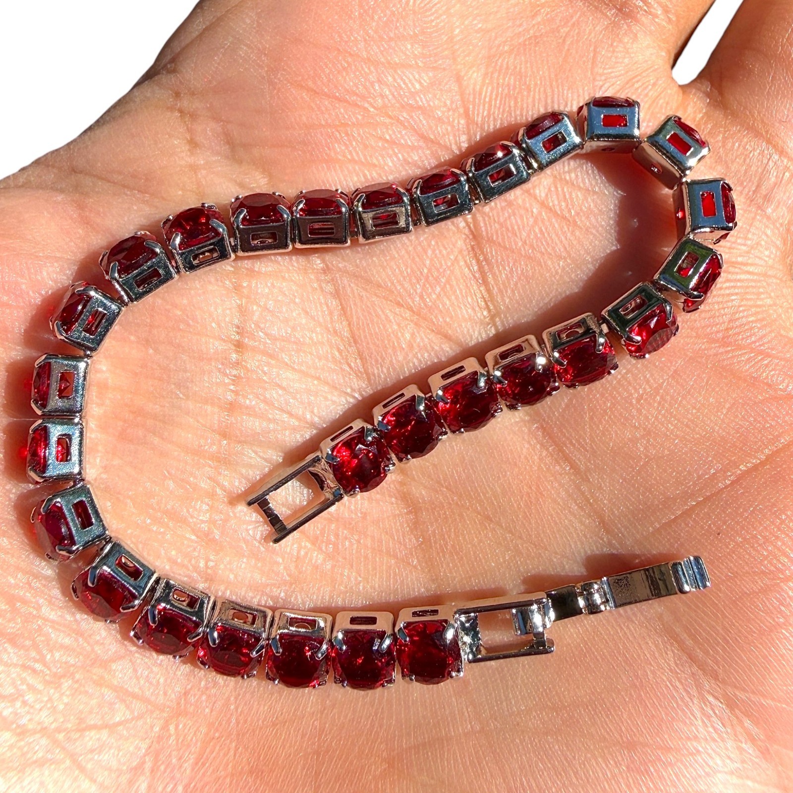 Tennis Bracelet Red Stones Silver Plated 6.7in 7.5in Dainty