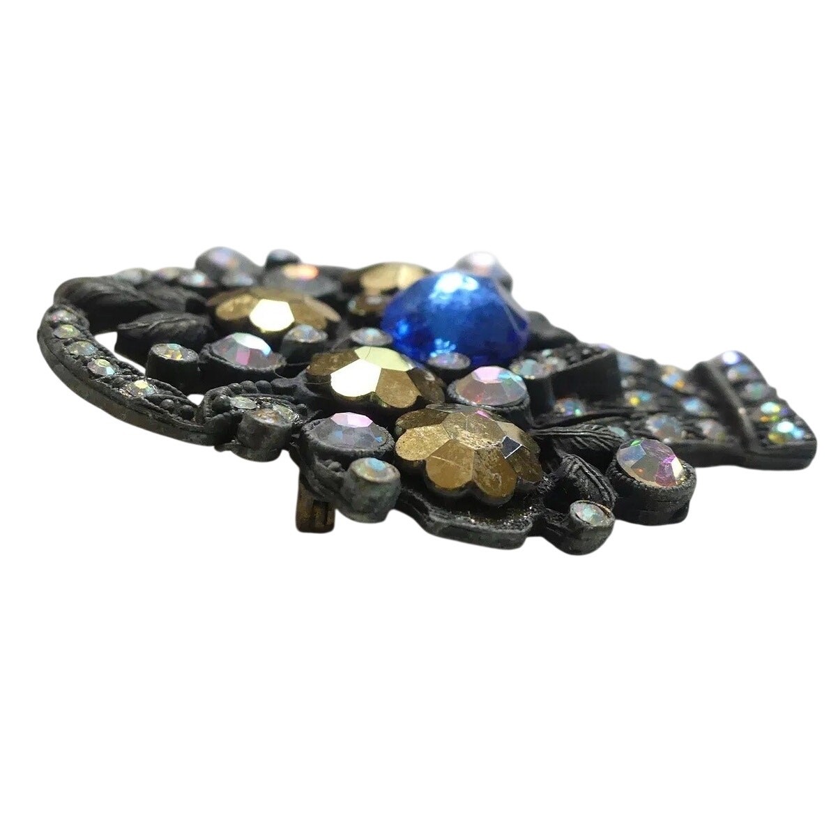 Vintage Mid Century Flower Basket Brooch with Cobalt, Aurora Borealis Rhinestone