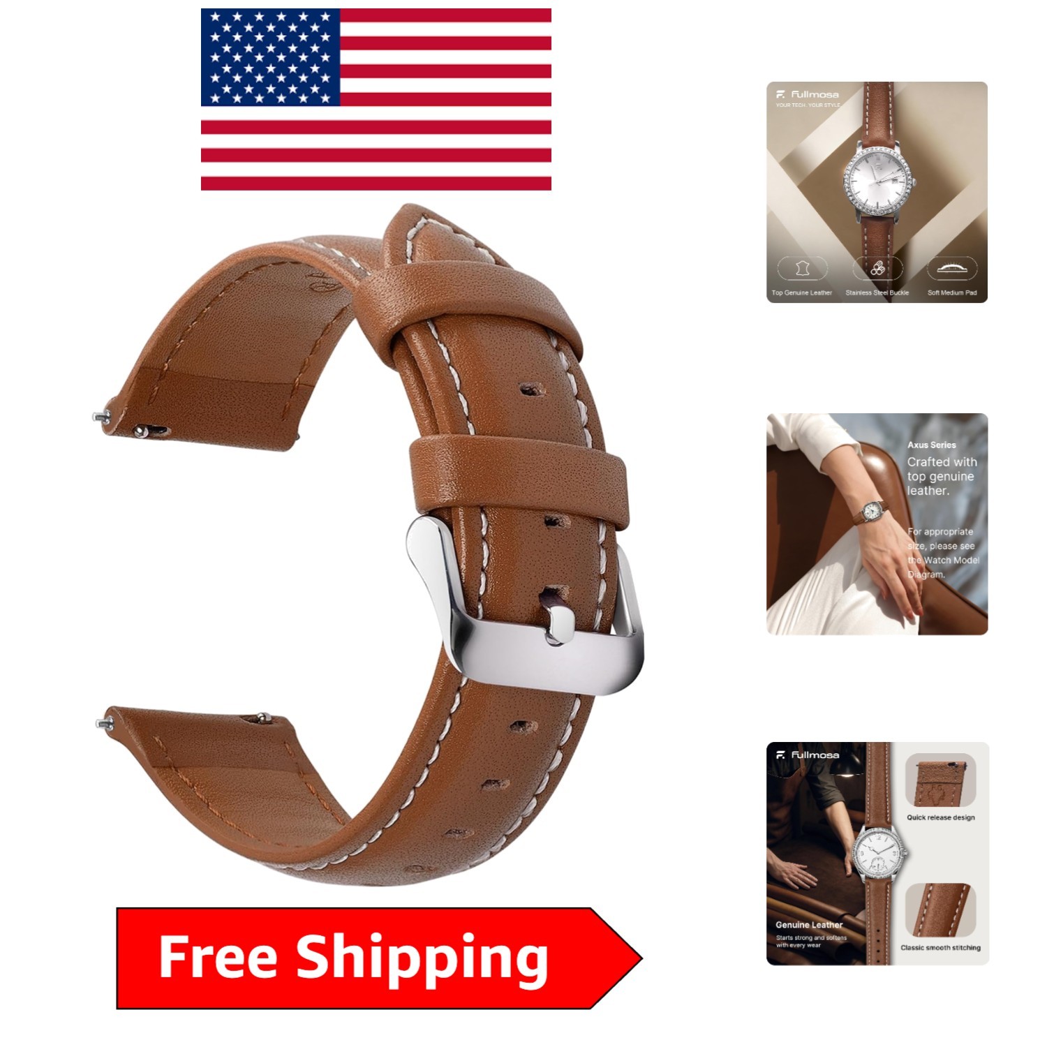 Versatile 19mm Brown Leather Watch Strap with Quick Release for Easy Fit
