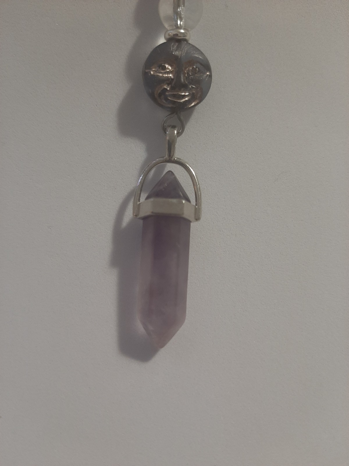 Genuine AMETHYST DT Crystal CLEAR QUARTZ Beads Glass Moon Face Pendant Necklace