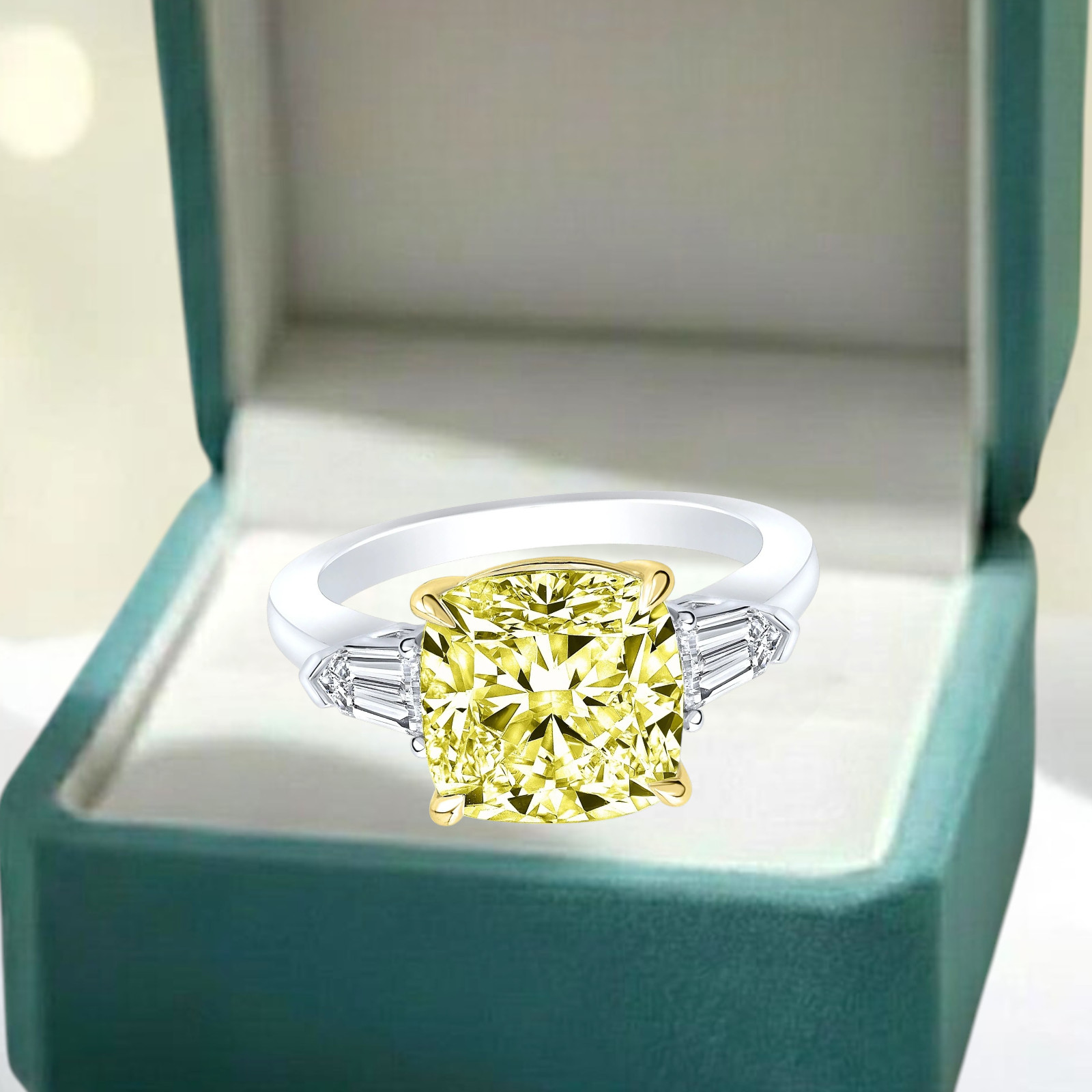 Fancy Vivid Yellow Diamond Ring 14K Multi Gold IGI Lab Grown 4.10 CT Cushion Cut