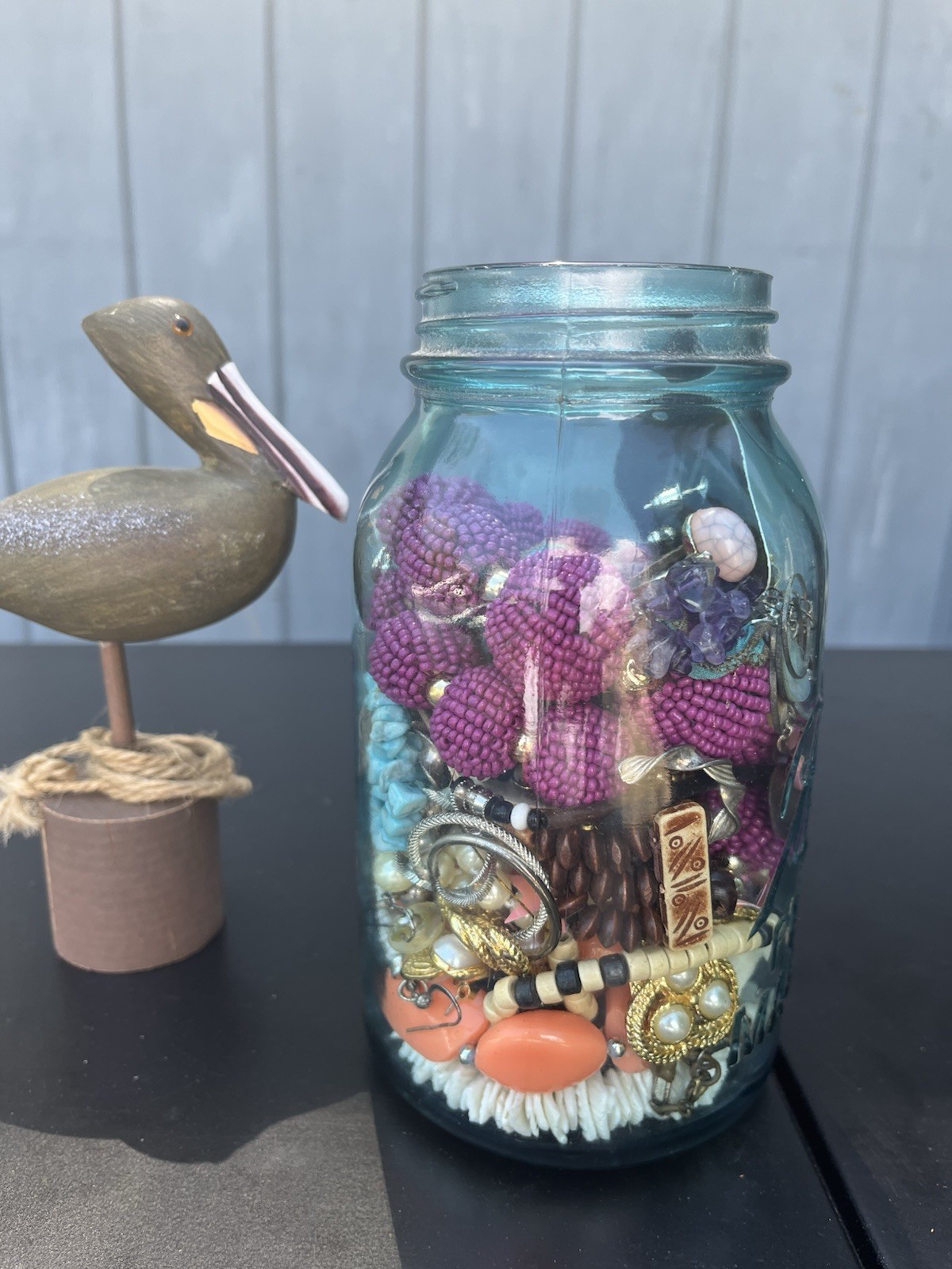 BLUE MASON JAR With Mystery Jewelry -Vintage To Modern All Wearable Jewelry 🏖️