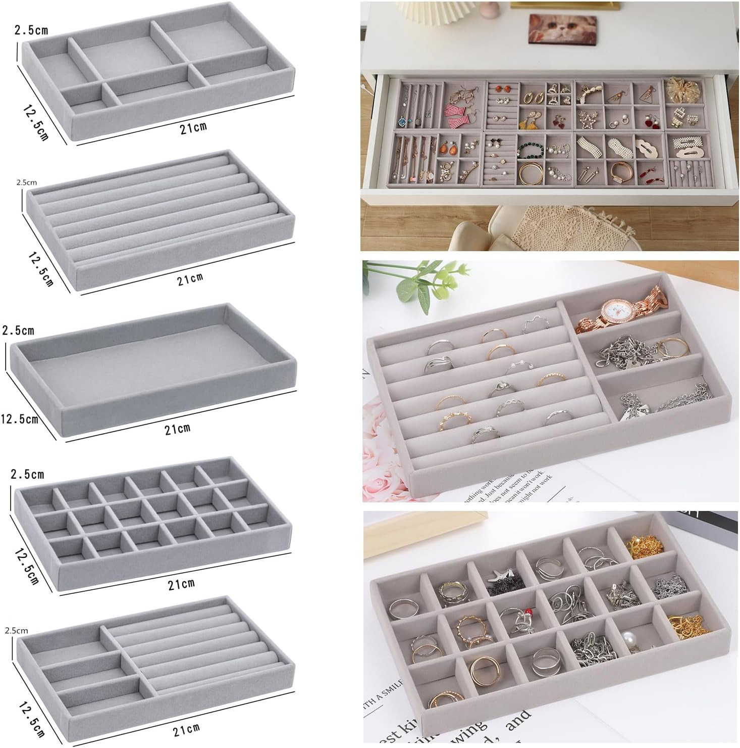 10 Pack Jewelry Organizer Tray Drawer Inserts Stackable Velvet Liner Dividers Cu