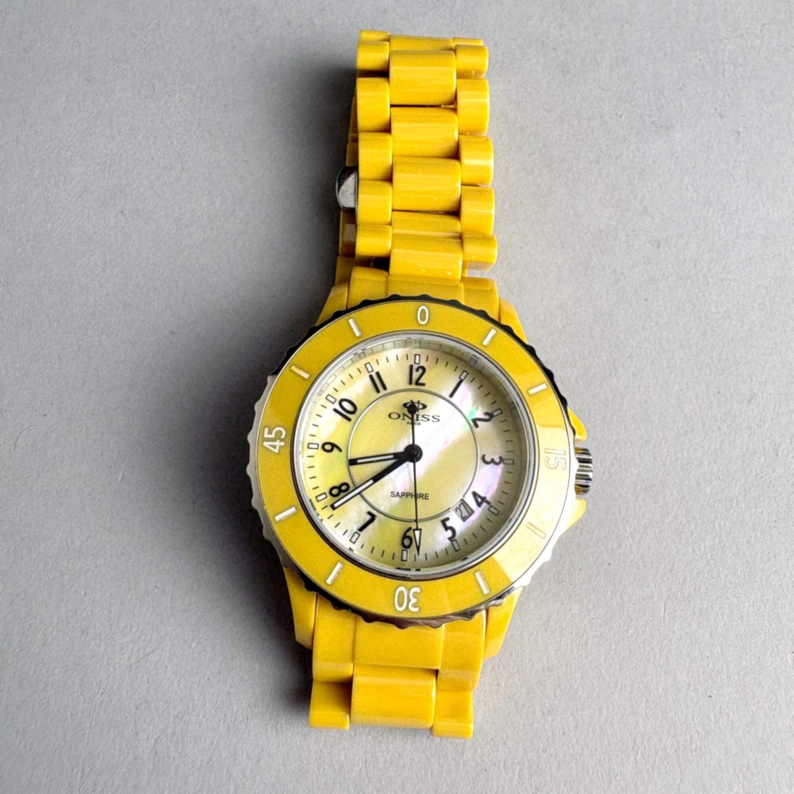 Oniss Paris ON8043-L Sapphire Crystal Yellow Ceramic MOP Dial Womens Watch