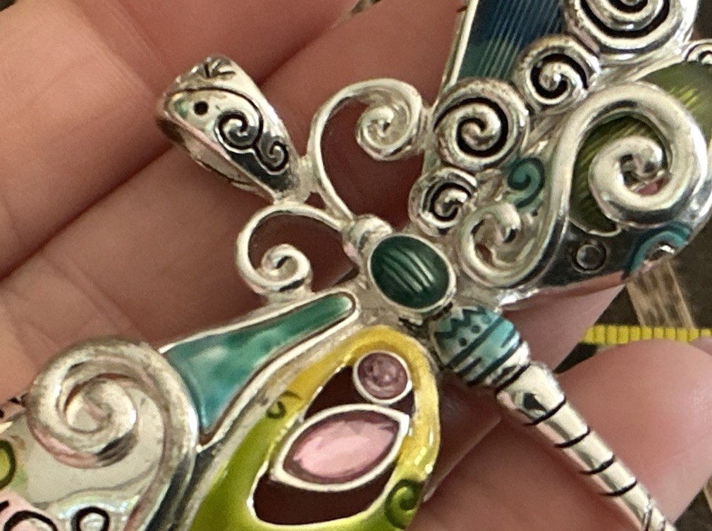 Large Colorful Enamel Dragonfly Pendant Rhinestone Silver Tone 3” 0.8 oz