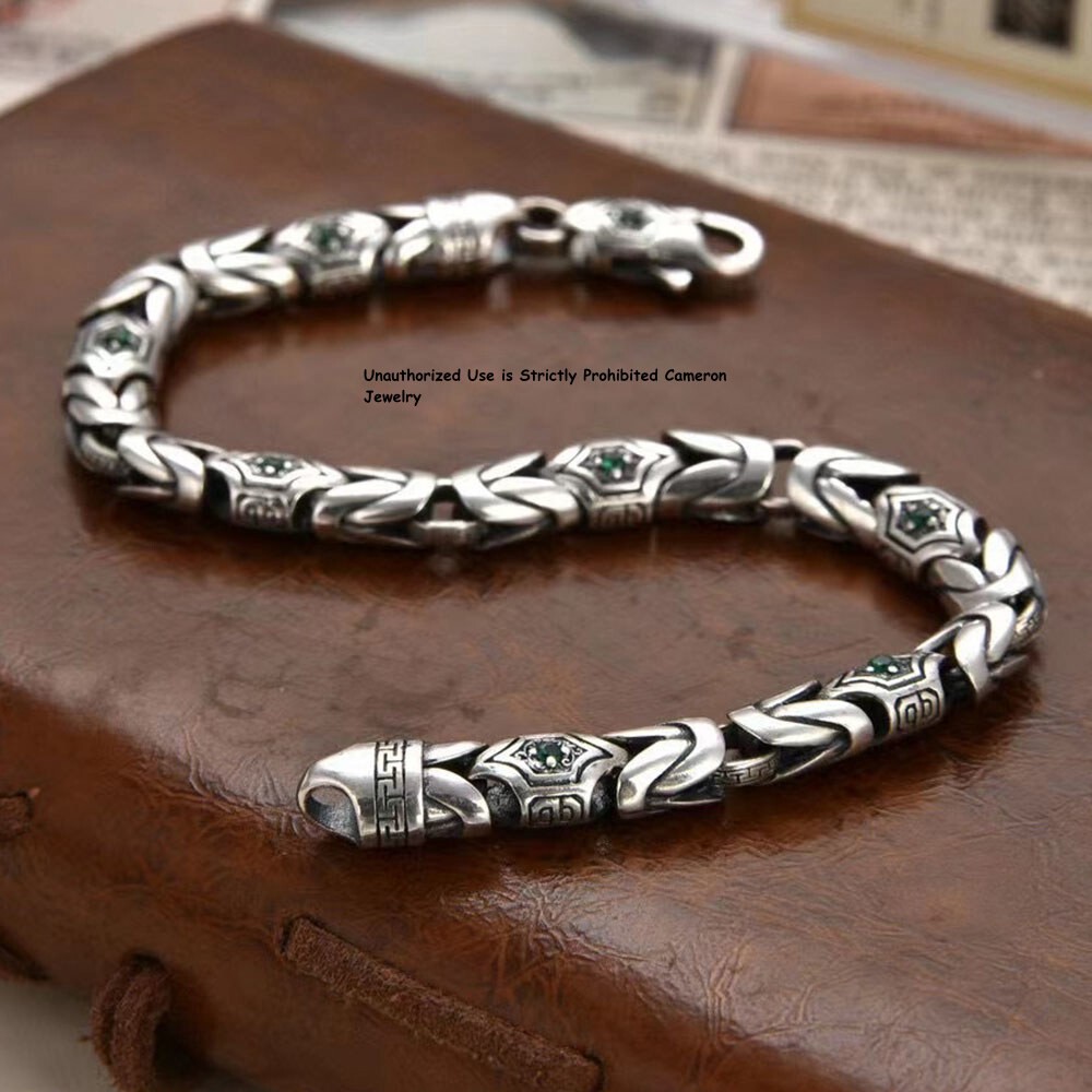 Pure S925 Sterling Silver Chain 7mm Unique Byzantine Link Bracelet 7.1-8.7inch