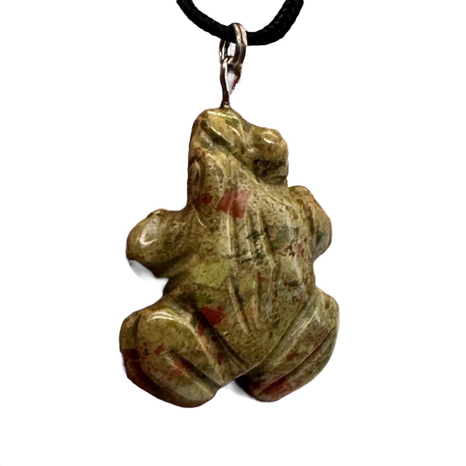 Unakite Stone Frog Pendant Necklace |1 1/4″ Long | Green, Pink | 1 Pendant |