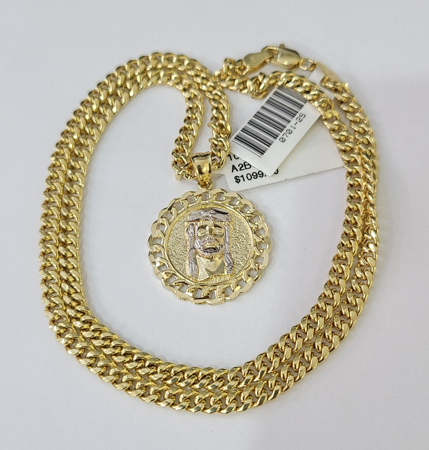 10k Gold Chain Miami Cuban Jesus Head Charm Pendant Set 4mm 18″-28″ Necklace