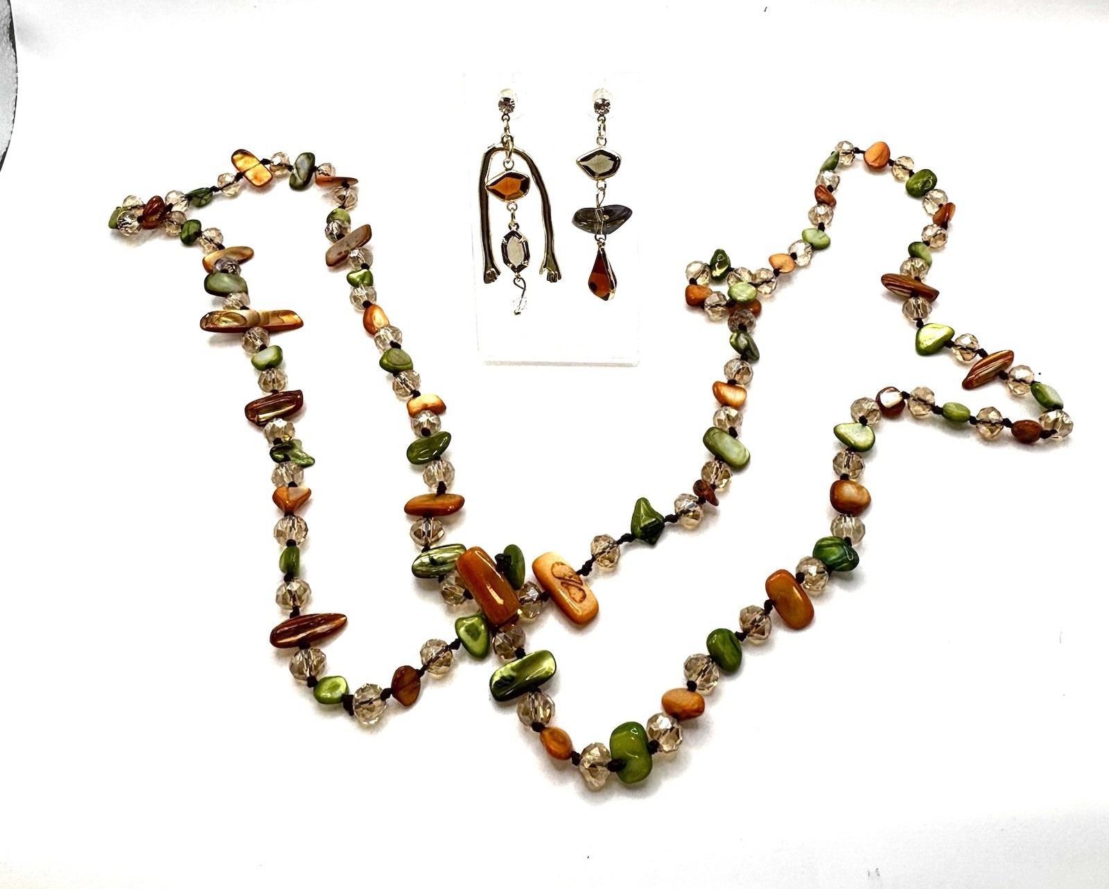 Artisan Dyed MOP & Crystal Long Necklace Asymmetrical Drop Earrings Set