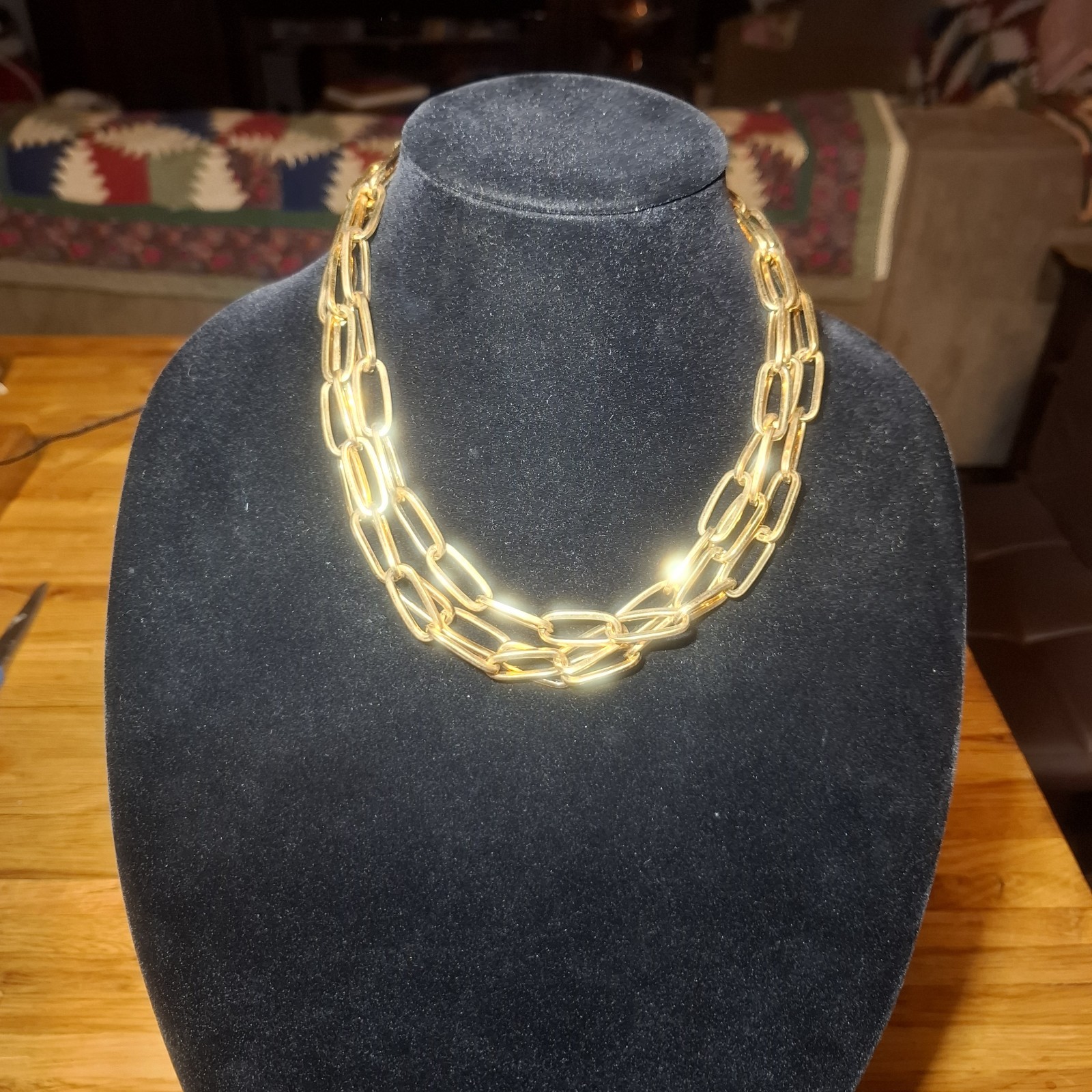 Vintage 20″ Estee Lauder Necklace Gold Paper clip style Three layer Chain Rare