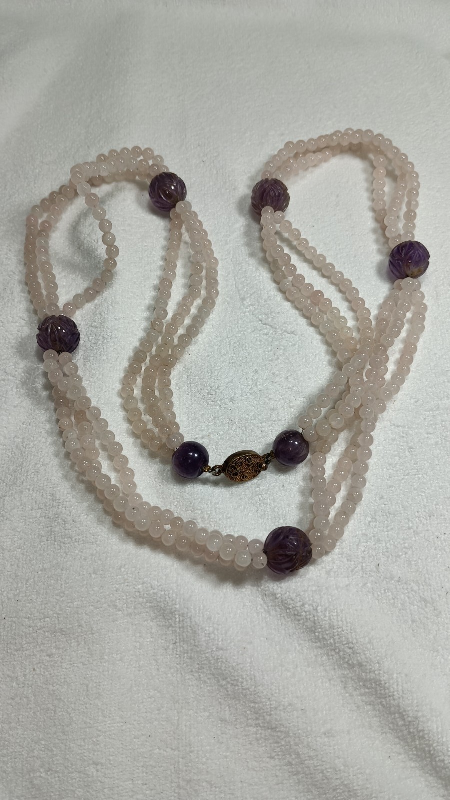 Vintage Chinese Rose Quartz Carved Amethyst Stone Beaded Necklace Silver Clasp